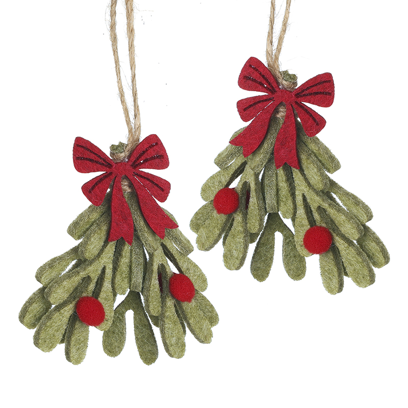 Felt Mistletoe With Red Bows Set Christmas Decoration by Heaven Sends <br><br> Add a touch of rustic country charm to your Christmas tree with this delightful Felt Mistletoe With Red Bows Set by Heaven Sends. These adorable hanging decorations capture all the tradition of classic Christmas greenery in a soft tactile felt design that brings cosy homemade warmth to any festive scheme. <br><br> Each decoration is carefully cut from muted sage-green felt to mimic layers of mistletoe and evergreen foliage finished with bold red felt bows and cheerful red pom-pom berries. The natural jute twine hangers add an earthy homespun feel making them perfect for Scandi country cottage or traditional Christmas themes.<br><br> Use them to dress your tree tie them into garlands nestle them among wreath branches or hang them from hooks and drawer handles around the home for little pops of festive colour. Lightweight and shatterproof they are ideal for family trees kid-friendly spaces and anyone who loves a softer more textural approach to Christmas decorating.